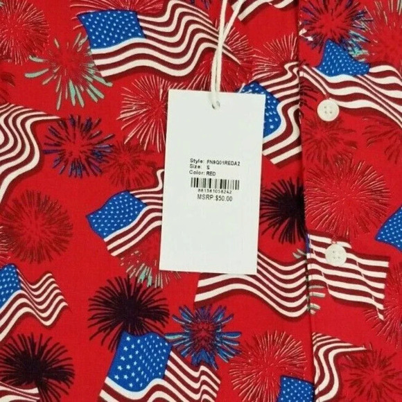 Free Planet Small Stars and Stripes Red American Flag Fireworks Mens Rayon Shirt - Picture 5 of 10
